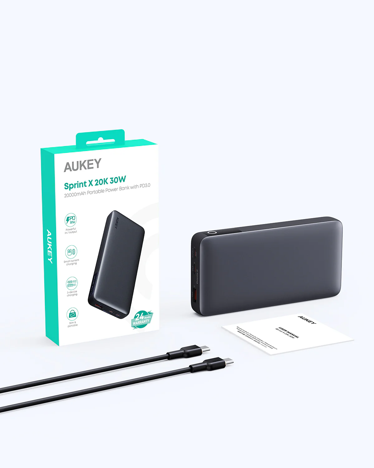 Aukey - Power Bank Noire SprintX 20000mAh 30W Charge rapide