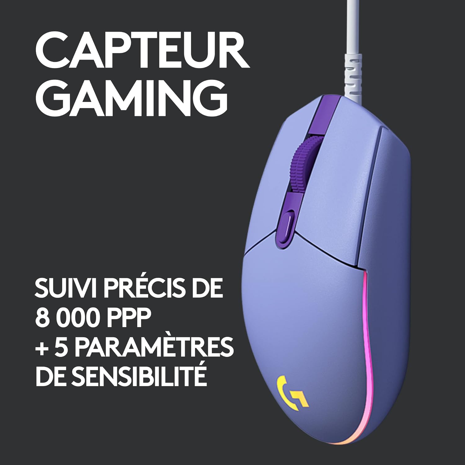 Logitech Souris de jeu sans fil G203 Lightsync Lilas