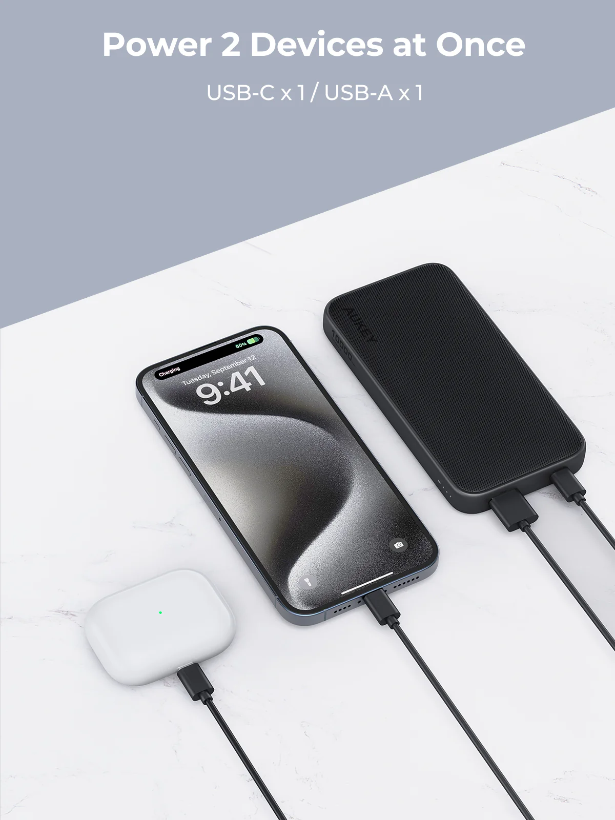 Aukey - Power Bank Grise Sprint 10000mAh 15W Charge rapide