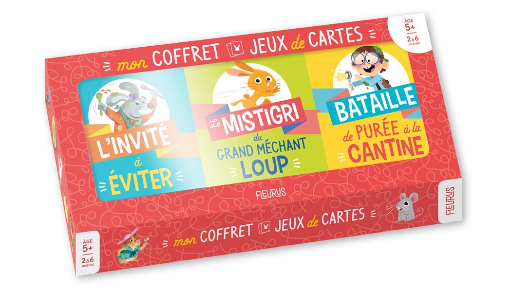 Mes 3 jeux de cartes ; le mistigri du grand méchant loup, bataille de purée à la cantine, l'invité à éviter