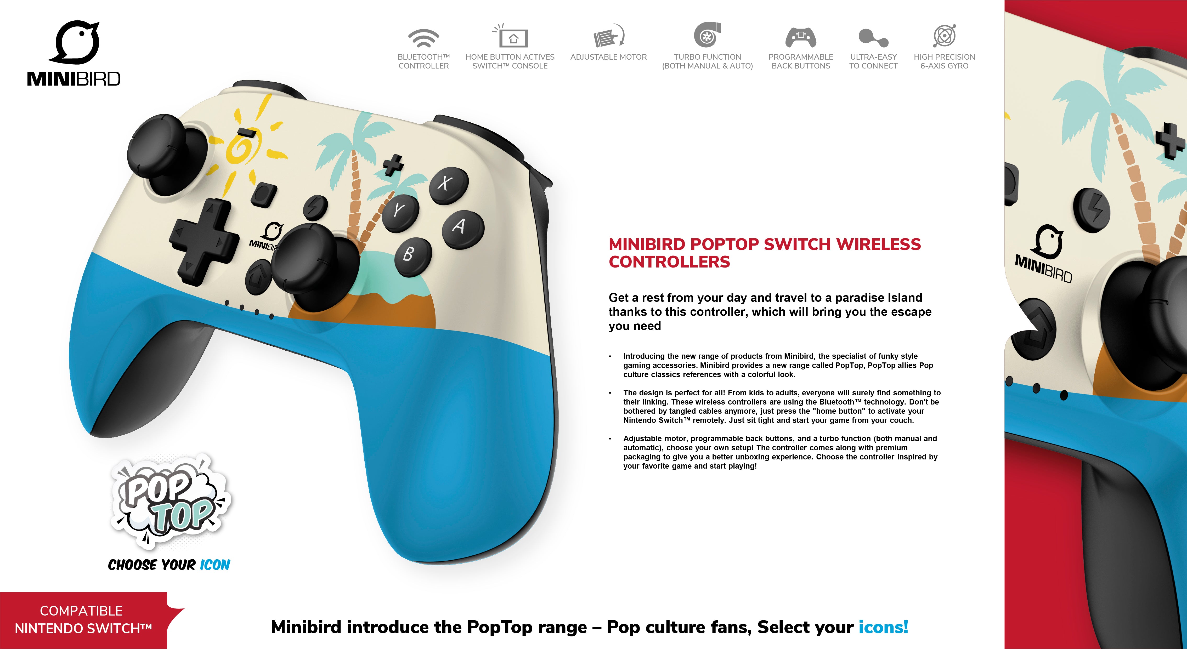 Minibird Pop Top - Manette sans fil Bluetooth "The Island" pour Nintendo Switch et Switch OLED