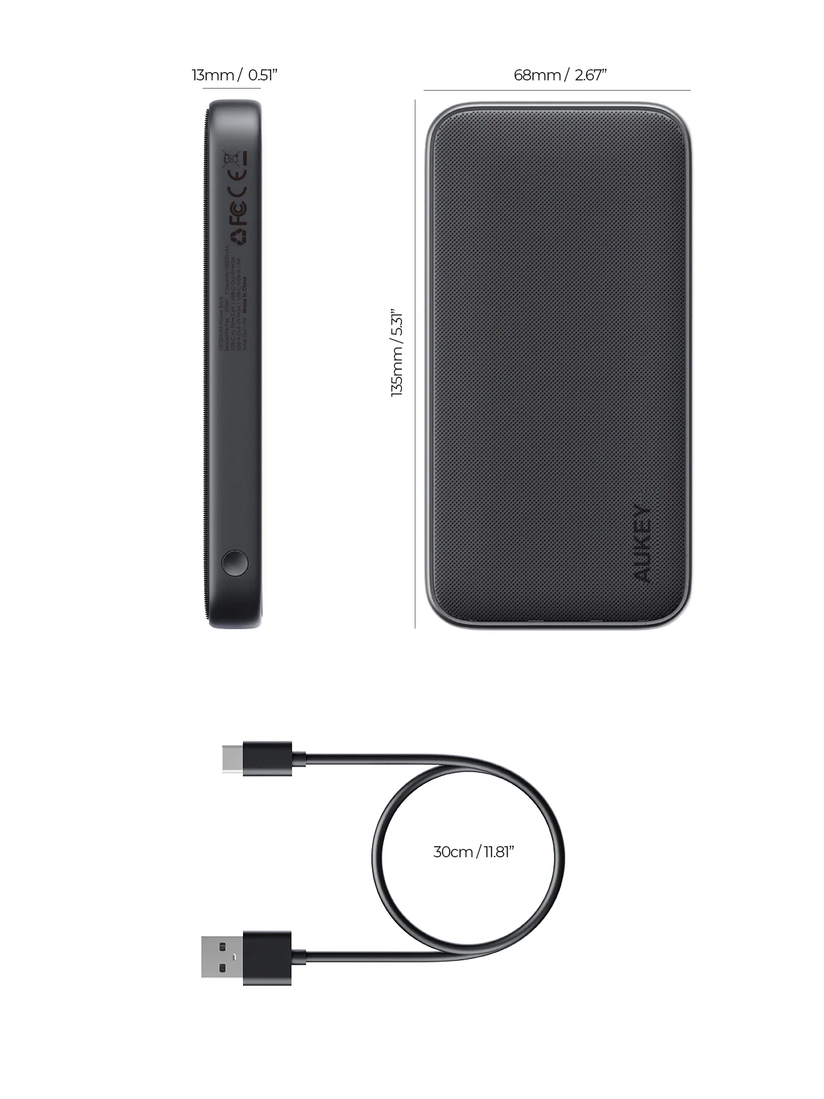 Aukey - Power Bank Grise Sprint 10000mAh 15W Charge rapide