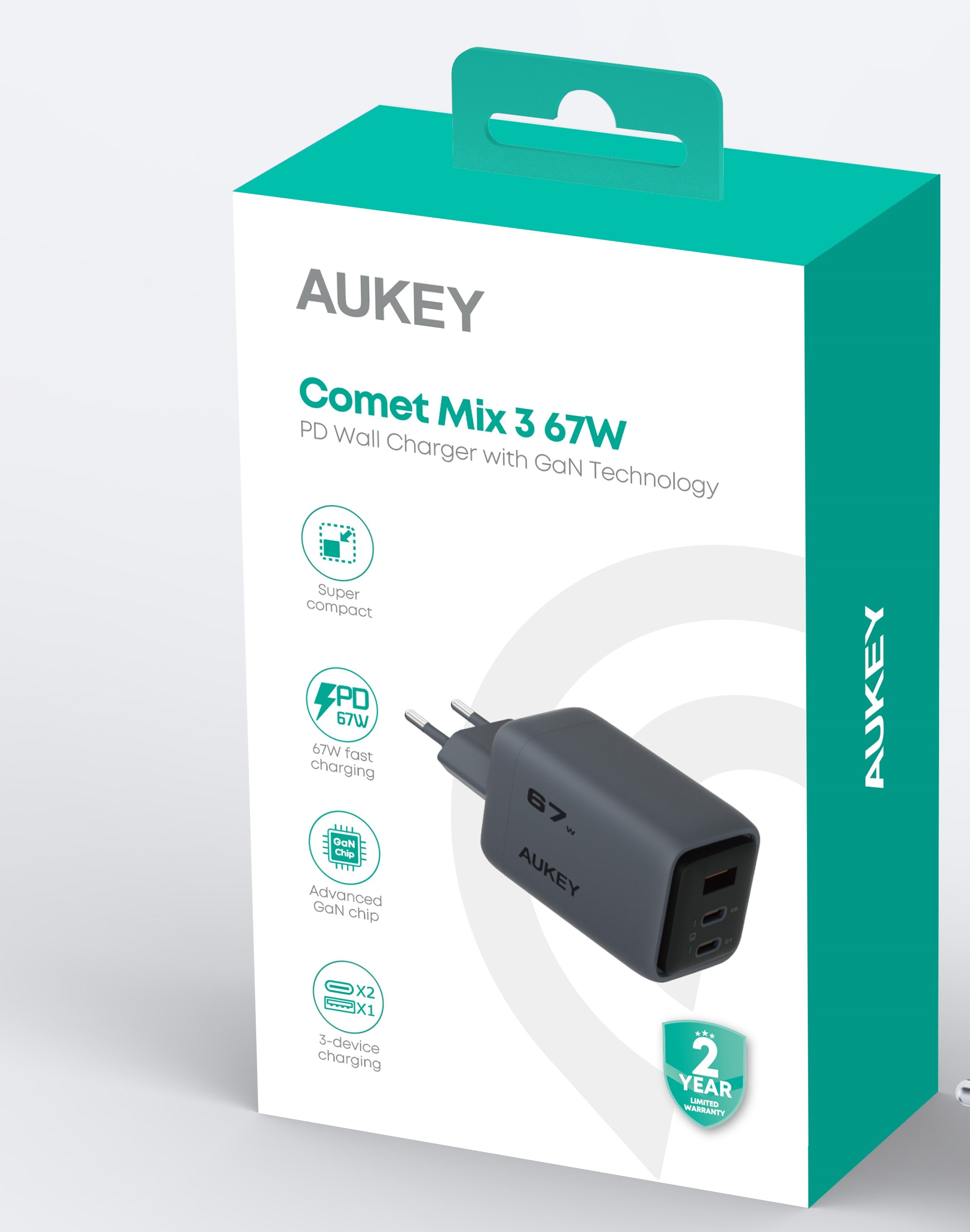 Aukey - Chargeur mural Comet Mix 67W GaN PD 3-Port Gris