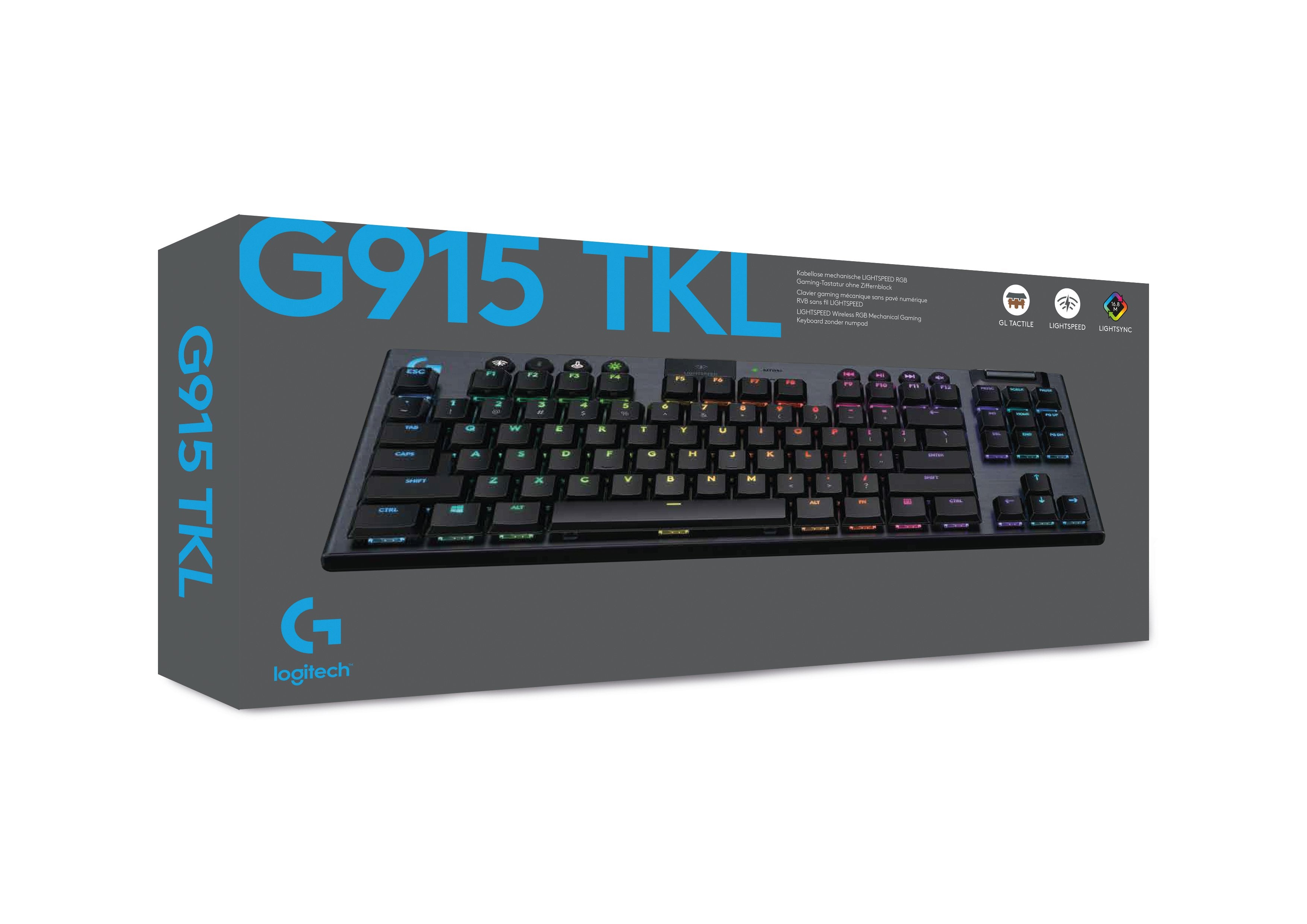 Logitech Clavier mécanique de jeu TKL sans pavé numérique Lightspeed RGB sans fil avec commutateurs GL tactile G915 Carbon - Azerty BE