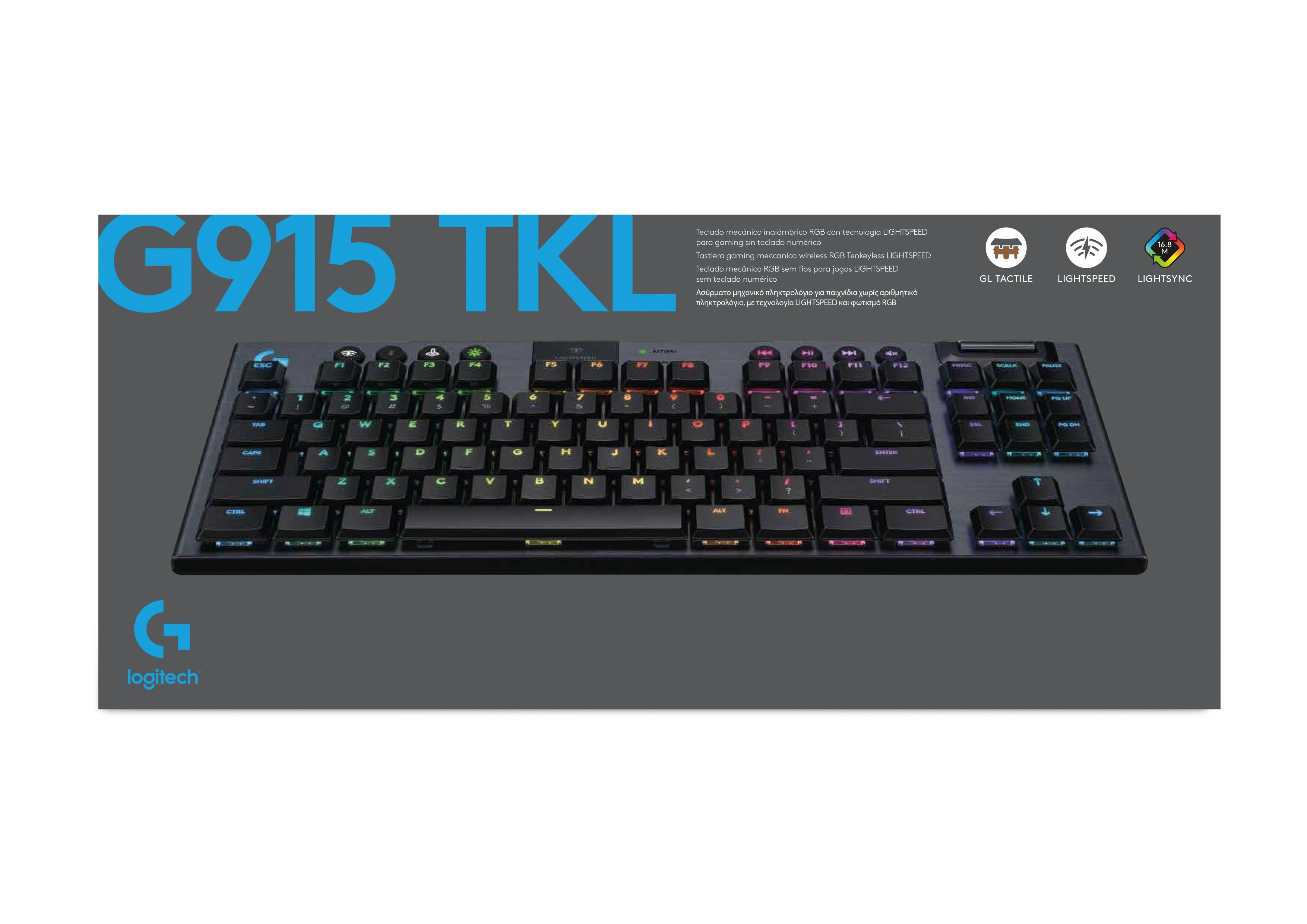 Logitech Clavier mécanique de jeu TKL sans pavé numérique Lightspeed RGB sans fil avec commutateurs GL tactile G915 Carbon - Azerty BE